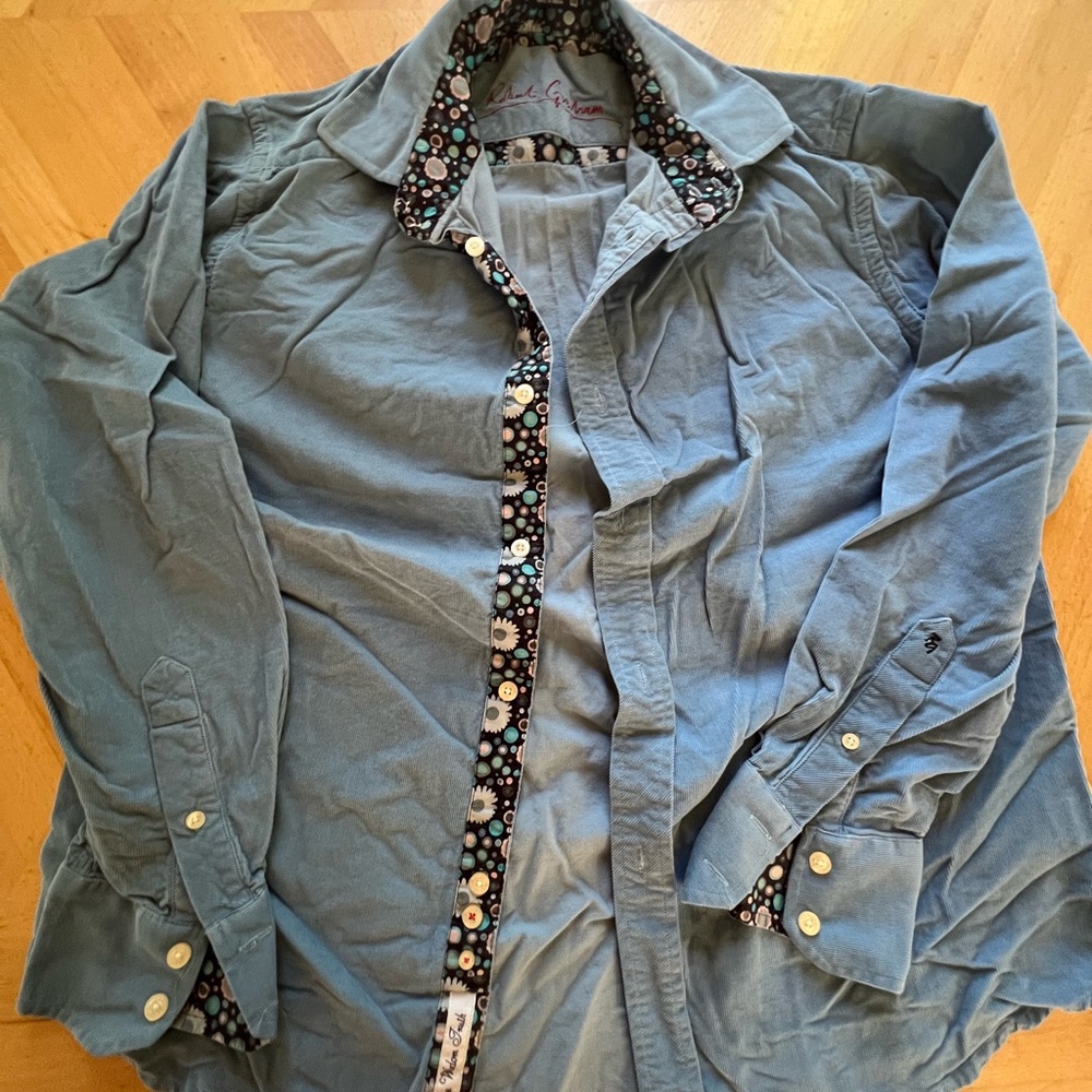 Robert Graham Blue Shirt with Floral Patterned Collar